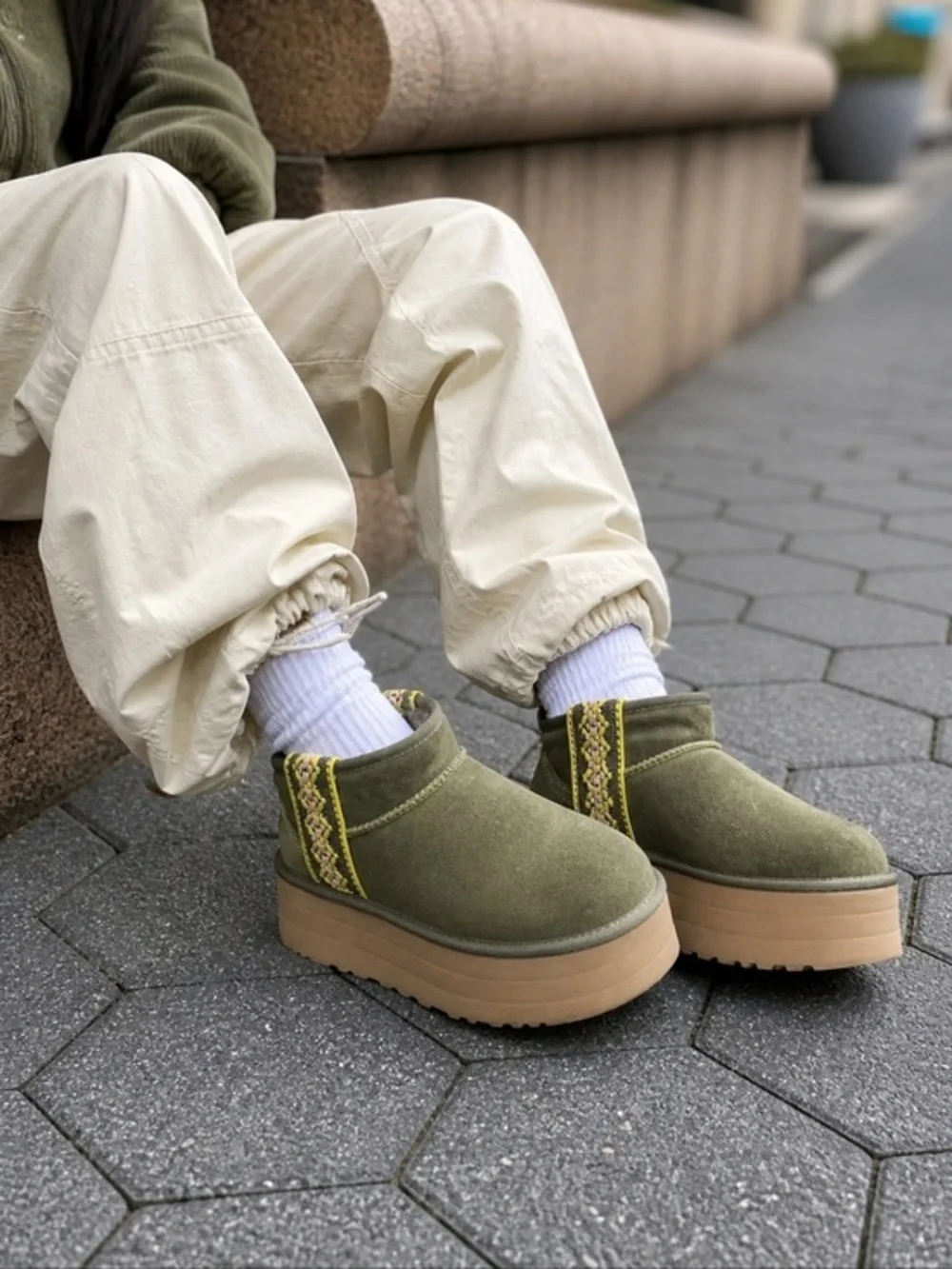 UGG Classic Ultra Mini Platform Boot - Olive with Yellow & Pink Trim